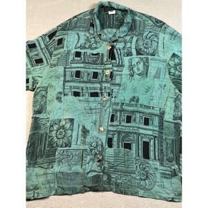 VTG CITRON Santa Monica Women Large Rayon Teal Architectural Collage Luxury